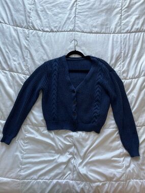 Chunky Navy Blue Knit Cropped Cable Cardigan Sweater Size Small